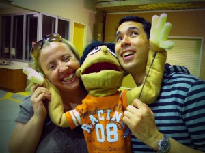 Vanessa Paech and Jez Hunghanfoo with one of our prototype puppets